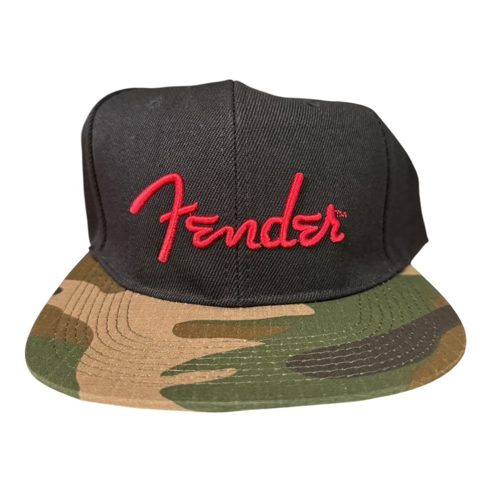 Fender Camo Flatbill Hat – Black with Red Logo, Snapback, NWT